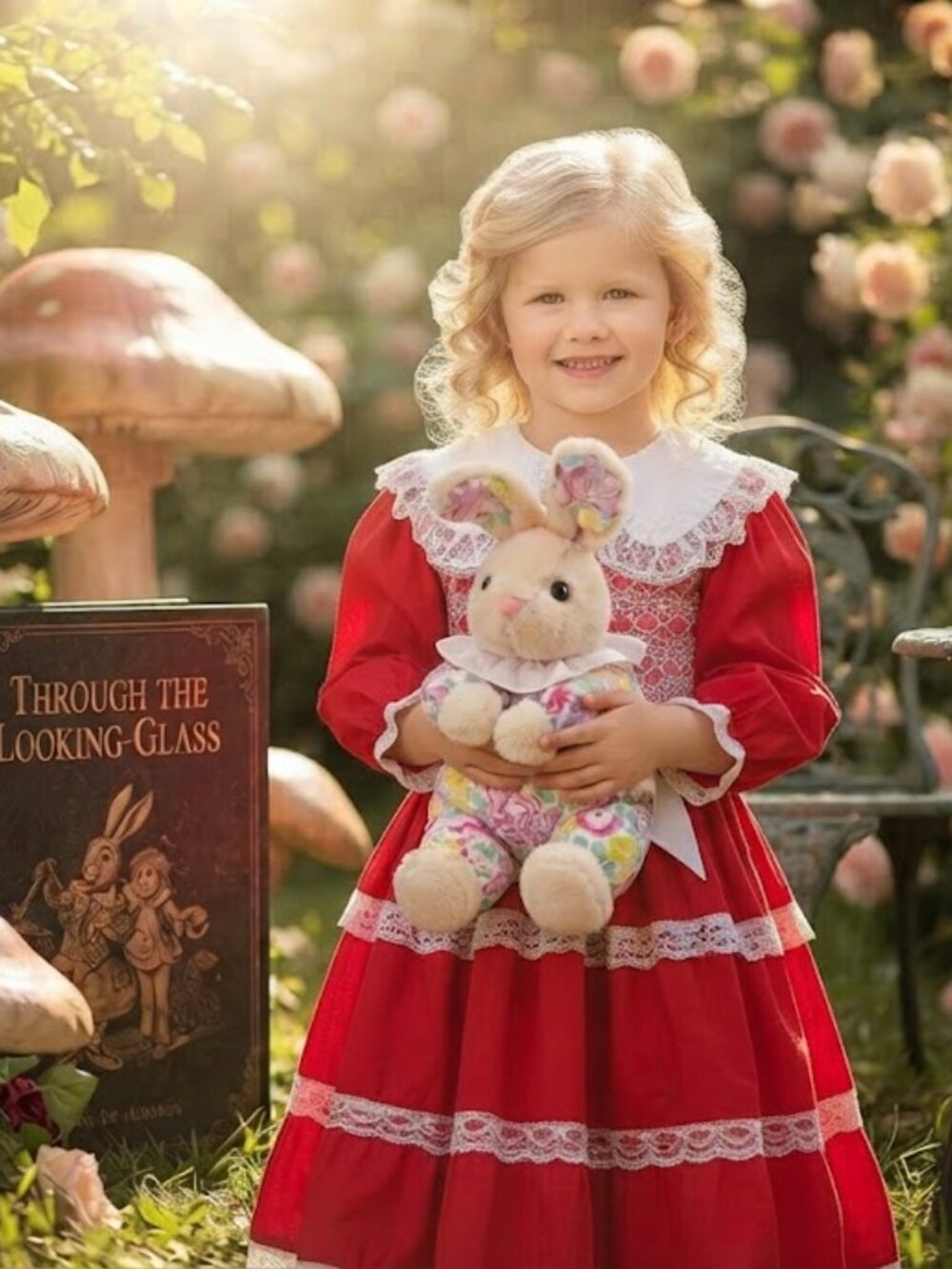 EVC Set of 2: Vintage Girl Red Ruffle Dress white collar + Plush Bunny Toy